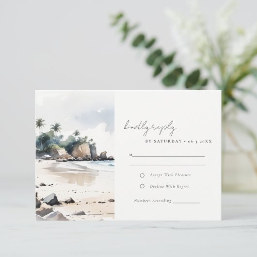 Coastal Bali Beach Palm Tree Hochzeit Wasserfarbe RSVP Karte (Stehend Vorderseite)