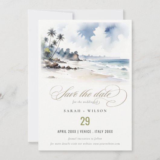 Coastal Bali Beach Palm Tree Hochzeit Wasserfarbe Save The Date (Vorderseite)