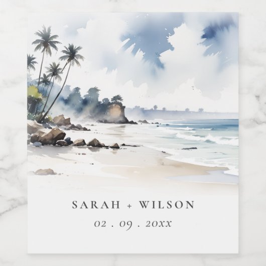 Coastal Bali Beach Palm Tree Hochzeit Wasserfarbe Weinetikett (Einzelnes Label)