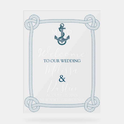Coastal Beach Blue Anchor Nautical Wedding Willkom Acrylschild (Vorderseite)