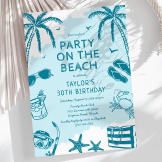Coastal Beach Blue Doodle Geburtstagsparty Einladung