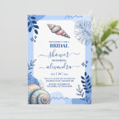Coastal Beach Blue Seashell Brautparty Einladung (Stehend Vorderseite)