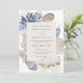 Coastal beach blue seashell qr code wedding einladung (Stehend Vorderseite)