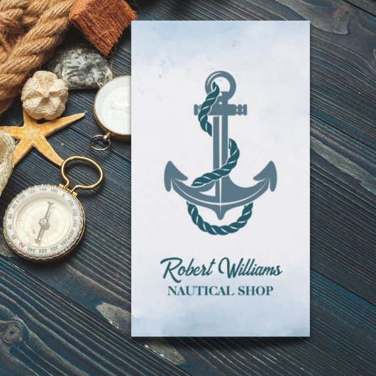 Coastal Beach Blue Watercolor Ship Anchor Nautical Visitenkarte