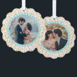 Coastal Beach Coral Reef Nautical 2 Custom Fotos Ornament Karte<br><div class="desc">Feiern Sie Ihre Hochzeit zum Thema Strand oder genießen Sie die Weihnachtsfeiern in einem tropischen Ort mit diesen wunderschönen Papierschmuckstücken. Das Design umfasst ein weißes Korallenriff auf einem hellen, beigen Hintergrund sowie zwei personalisierte Fotos in einem blauen Rahmen. Verwenden Sie die einfachen Vorlagen, um Ihre eigenen Fotos hinzuzufügen. Design-Tipp: Sie...</div>