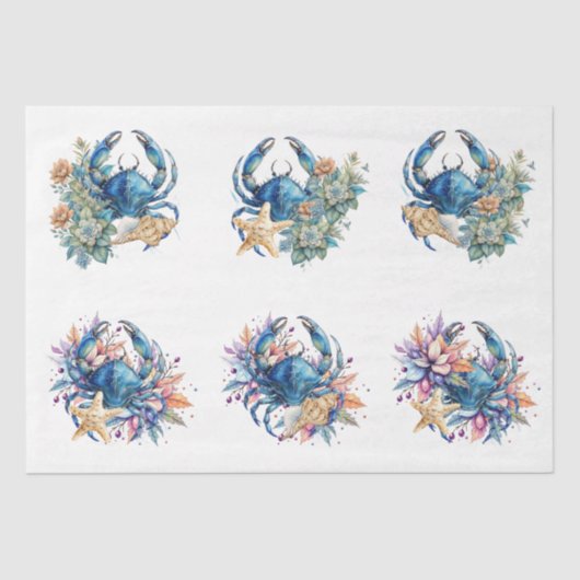 Coastal Beach Floral Blue Crab & Shells Decoupage  Seidenpapier (Vorderseite)