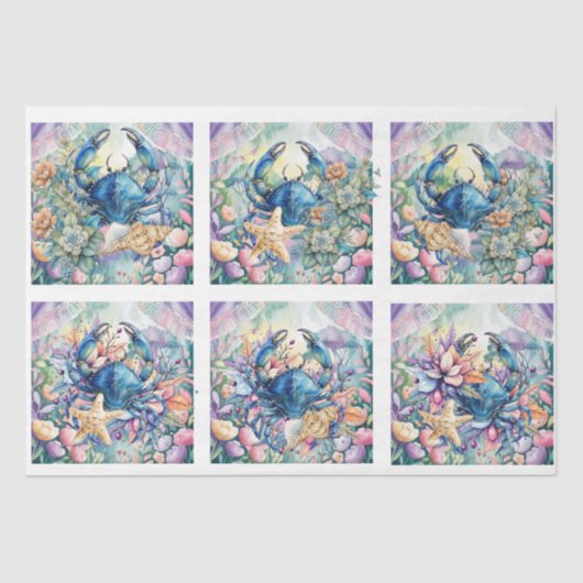 Coastal Beach Floral Blue Crab & Shells Decoupage  Seidenpapier (Vorderseite)