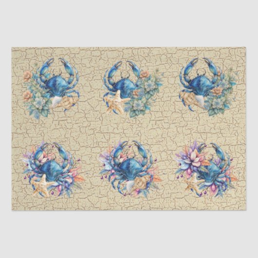 Coastal Beach Floral Blue Crab & Shells Decoupage  Seidenpapier (Vorderseite)