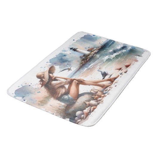 Coastal Beach Girl & Lighthouse Badematte (Schrägansicht)