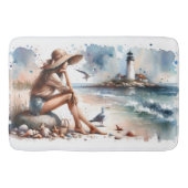 Coastal Beach Girl & Lighthouse Badematte (Vorderseite)