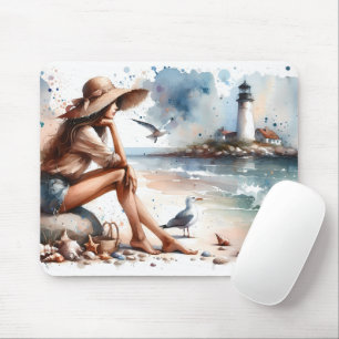Coastal Beach Girl & Lighthouse Mousepad