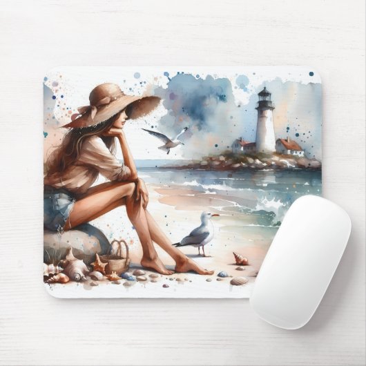 Coastal Beach Girl & Lighthouse Mousepad (Mit Mouse)