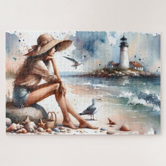 Coastal Beach Girl & Lighthouse Puzzle (Horizontal)