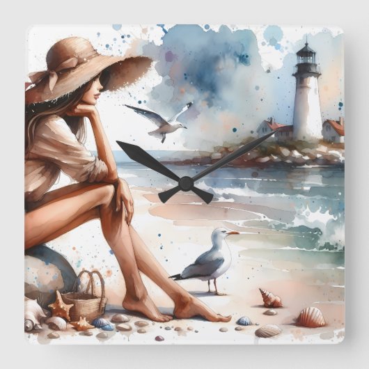 Coastal Beach Girl & Lighthouse Quadratische Wanduhr (Vorderseite)