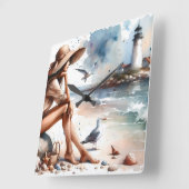 Coastal Beach Girl & Lighthouse Quadratische Wanduhr (Winkel)