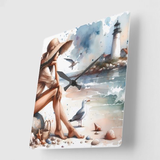 Coastal Beach Girl & Lighthouse Quadratische Wanduhr (Winkel)
