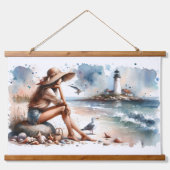 Coastal Beach Girl & Lighthouse Wandteppich Mit Holzrahmen (Vorne)