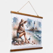 Coastal Beach Girl & Lighthouse Wandteppich Mit Holzrahmen (Gewinkelt)