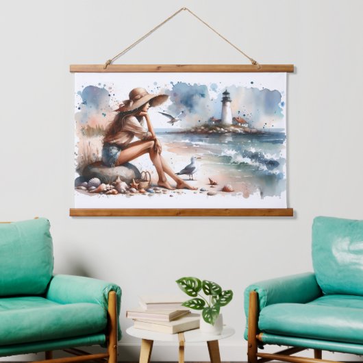 Coastal Beach Girl & Lighthouse Wandteppich Mit Holzrahmen (Wohnzimmer)