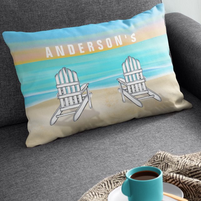 Coastal Beach House Familienname Custom Lendenkissen (Von Creator hochgeladen)