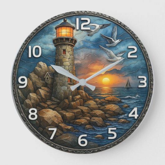 Coastal beach house Lighthouse nautical sunset Große Wanduhr (Vorderseite)