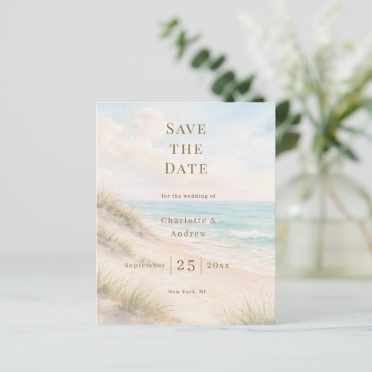 Coastal beach modern wedding Save the Date card (Stehend Vorderseite)