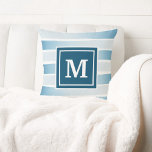 Coastal Beach Monogram Blue White Nautical Strip Kissen<br><div class="desc">Küstenstil,  nautische Themenkissen mit handgemalten,  verwitterten,  blau-weiß gestreiften Mustern,  in der Mitte ein marineblau-blau-weißes Monogramm-Quadrat. Die Rückseite ist eine solide Marine blau. Ideal für Weihnachtsfeiertage an der Küste oder um den Strandstil zu jeder Jahreszeit hinzuzufügen.</div>