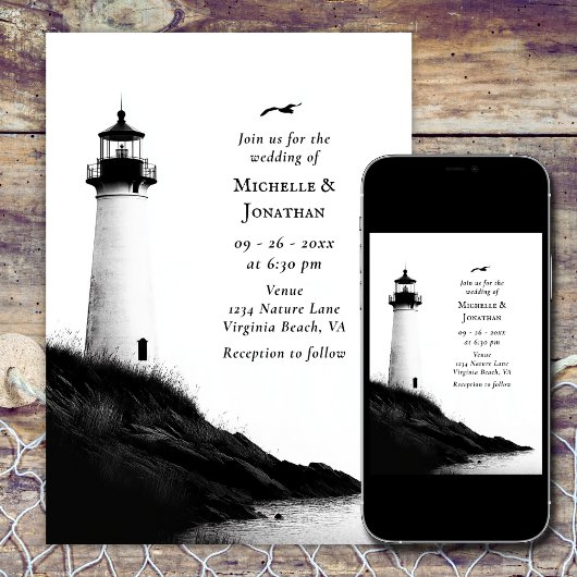Coastal Beach Nautical Lighthouse Wedding Einladung