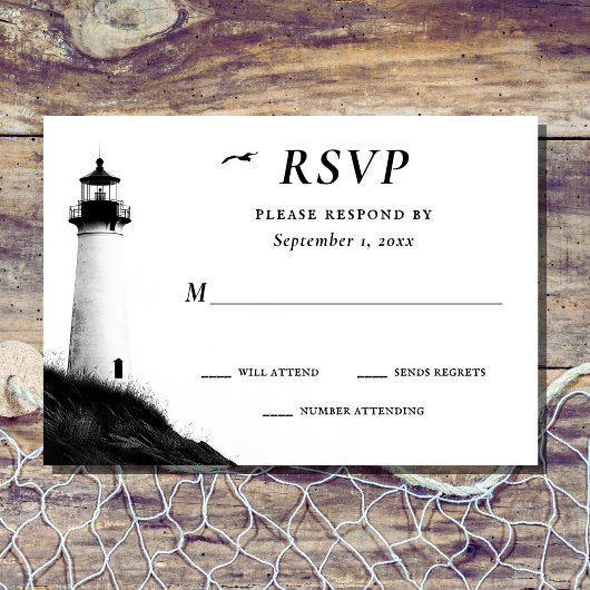 Coastal Beach Nautical Lighthouse Wedding RSVP Karte