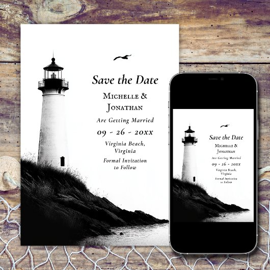 Coastal Beach Nautical Lighthouse Wedding Save The Date