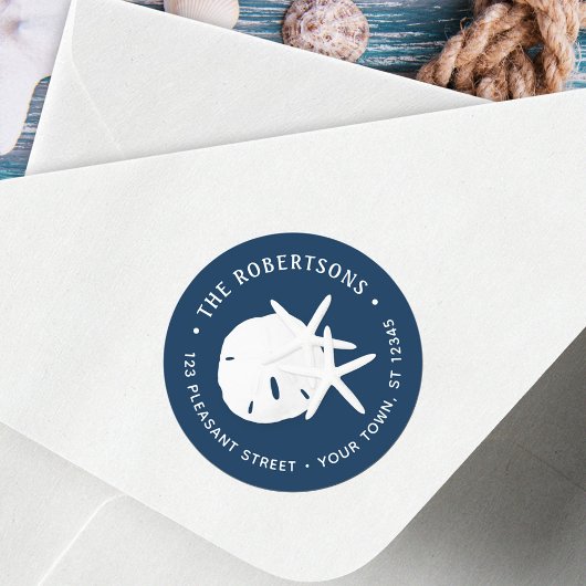 Coastal Beach Navy Blue Round Rücksendeadresse Runder Aufkleber