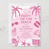 Coastal Beach Pink Doodle Geburtstagsparty Einladung (Vorderseite)