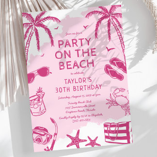 Coastal Beach Pink Doodle Geburtstagsparty Einladung