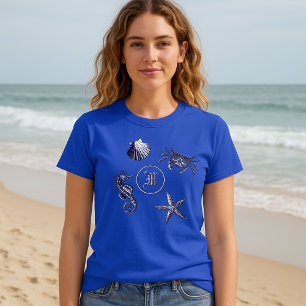 Coastal Beach Seepferd Starfish Crab Monogram T-Shirt