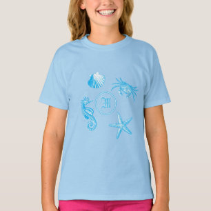 Coastal Beach Seepferd Starfish Crab Monogram T-Shirt