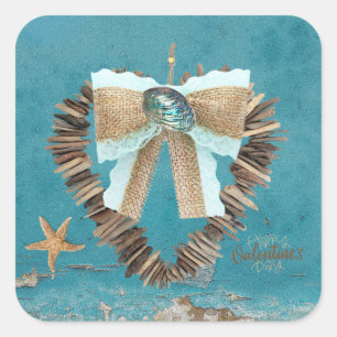 Coastal Beach Thema Driftwood Heart Valentine Day Quadratischer Aufkleber