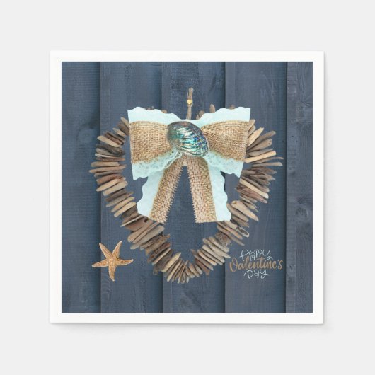 Coastal Beach Thema Driftwood Heart Valentinstag Serviette (Vorderseite)