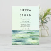 Coastal Beach Tide Pool Green Stripes Hochzeit Einladung (Stehend Vorderseite)