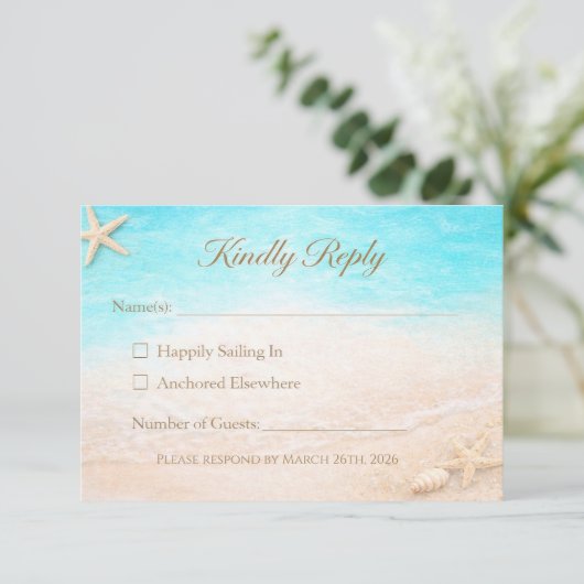 Coastal Beach Wedding RSVP Card Starfish Karte (Stehend Vorderseite)