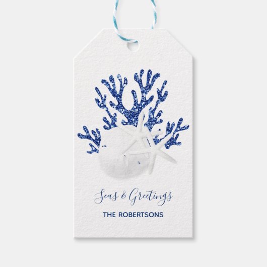 Coastal Beach Weihnachten Navy Blue Glitzer Geschenkanhänger (Vorderseite)