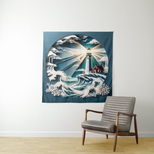 Coastal Beacon: Ein Papercut Art Lighthouse Scene Wandteppich (Beispiel)