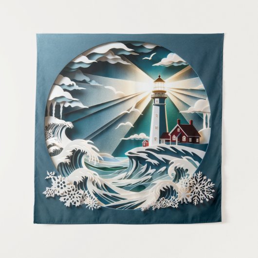 Coastal Beacon: Ein Papercut Art Lighthouse Scene Wandteppich (Vorderseite)