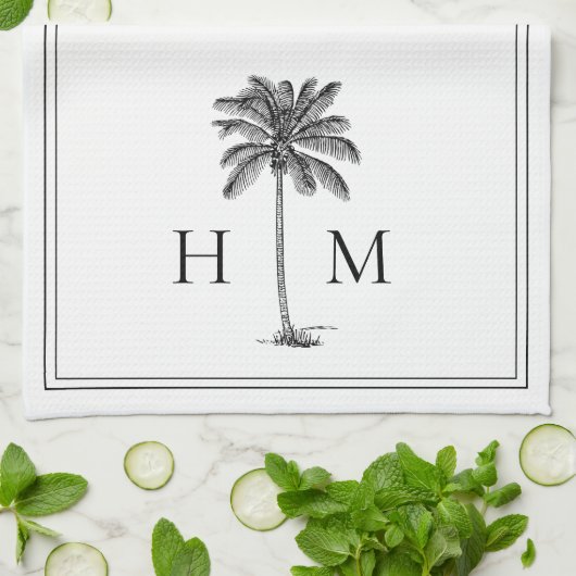 Coastal Black and White Palmetto Palm Monogram Geschirrtuch (Gefaltet)