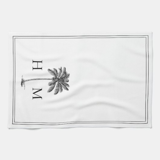 Coastal Black and White Palmetto Palm Monogram Geschirrtuch (Horizontal)