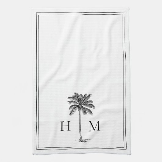 Coastal Black and White Palmetto Palm Monogram Geschirrtuch (Vertikal)