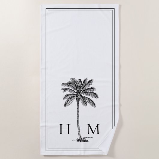 Coastal Black and White Palmetto Palm Monogram Strandtuch (Vorderseite)