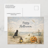 Coastal Black Cat Rowboat Halloween Feiertagspostkarte (Vorne/Hinten)