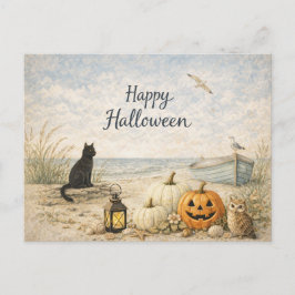 Coastal Black Cat Rowboat Halloween Feiertagspostkarte