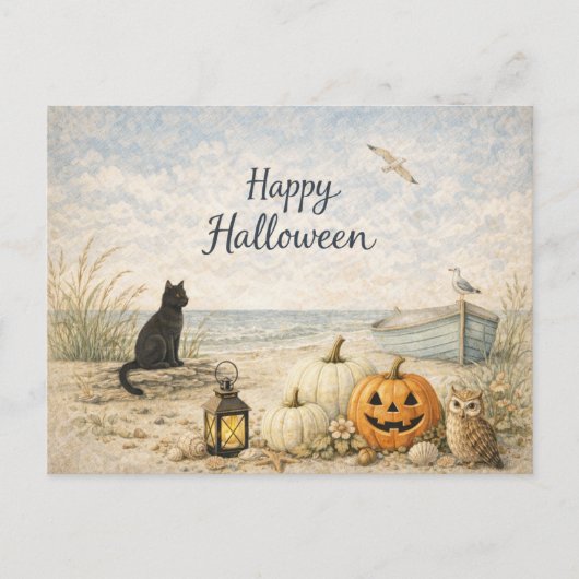 Coastal Black Cat Rowboat Halloween Feiertagspostkarte (Vorderseite)