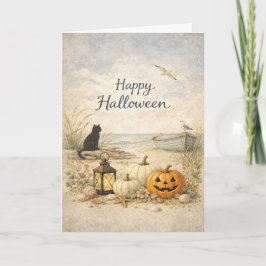 Coastal Black Cat Rowboat Halloween Karte